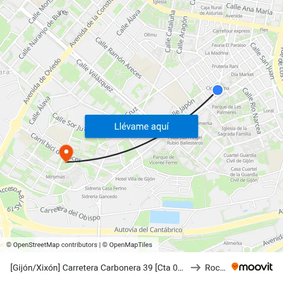 [Gijón/Xixón]  Carretera Carbonera 39 [Cta 00789] to Roces map