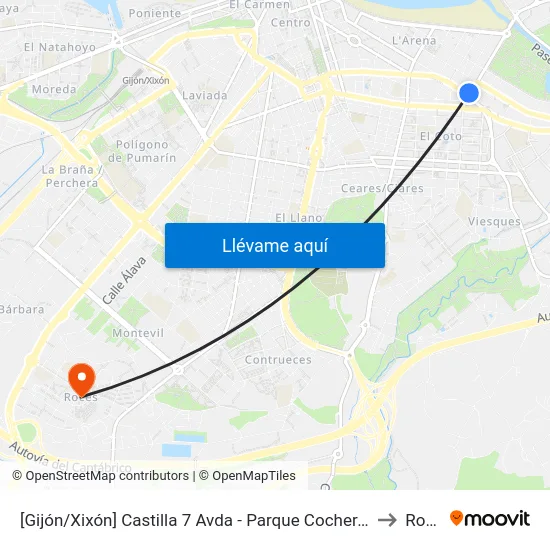 [Gijón/Xixón]  Castilla 7 Avda - Parque Cocheras [Cta 01551] to Roces map