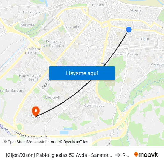 [Gijón/Xixón]  Pablo Iglesias 50 Avda - Sanatorio El Carmen [Cta 01558] to Roces map