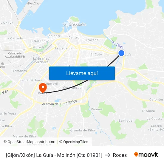 [Gijón/Xixón]  La Guía - Molinón [Cta 01901] to Roces map