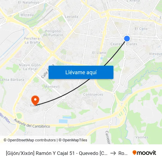 [Gijón/Xixón]  Ramón Y Cajal 51 - Quevedo [Cta 02850] to Roces map
