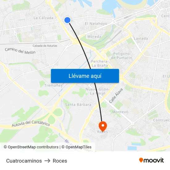 Cuatrocaminos to Roces map