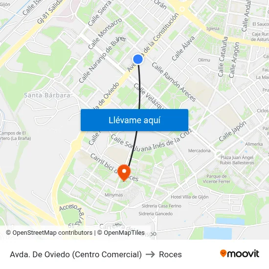 Avda. De Oviedo (Centro Comercial) to Roces map