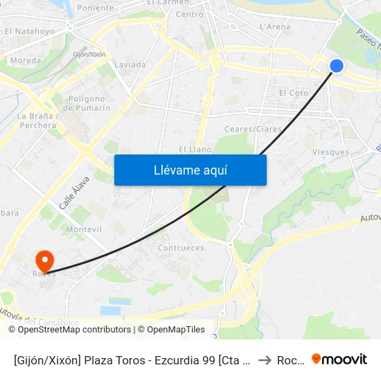 [Gijón/Xixón]  Plaza Toros - Ezcurdia 99 [Cta 06582] to Roces map