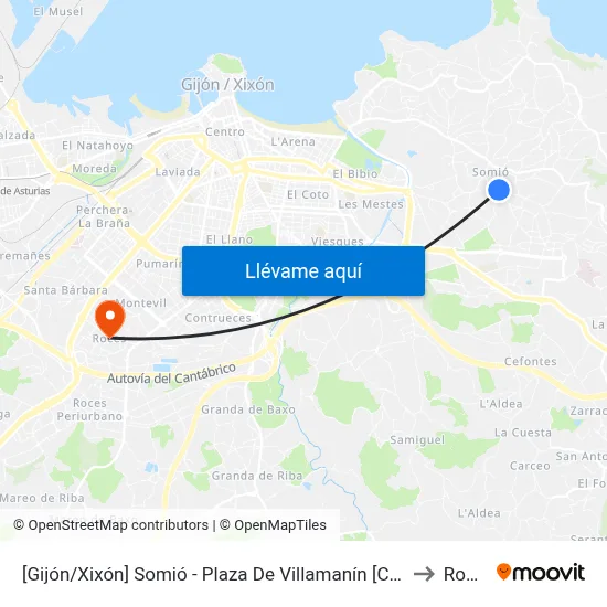 [Gijón/Xixón]  Somió - Plaza De Villamanín [Cta 06874] to Roces map