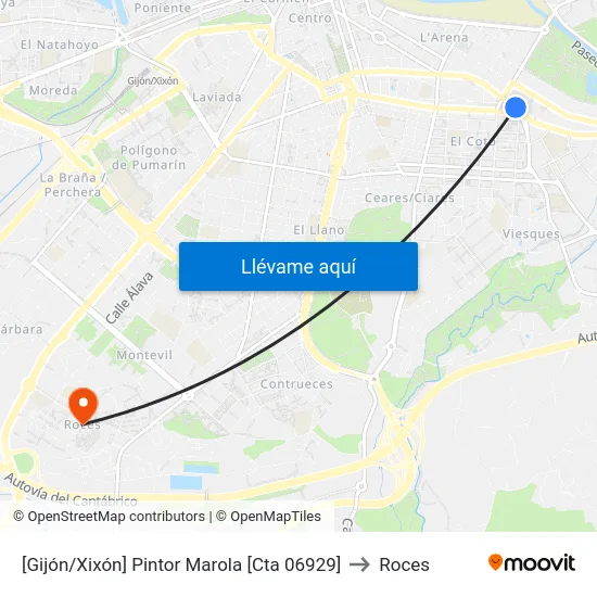[Gijón/Xixón]  Pintor Marola [Cta 06929] to Roces map