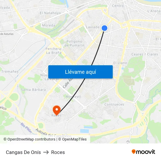 Cangas De Onís to Roces map