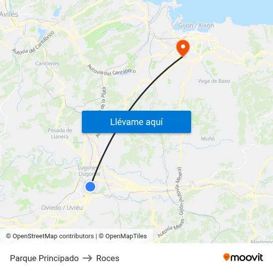 Parque Principado to Roces map
