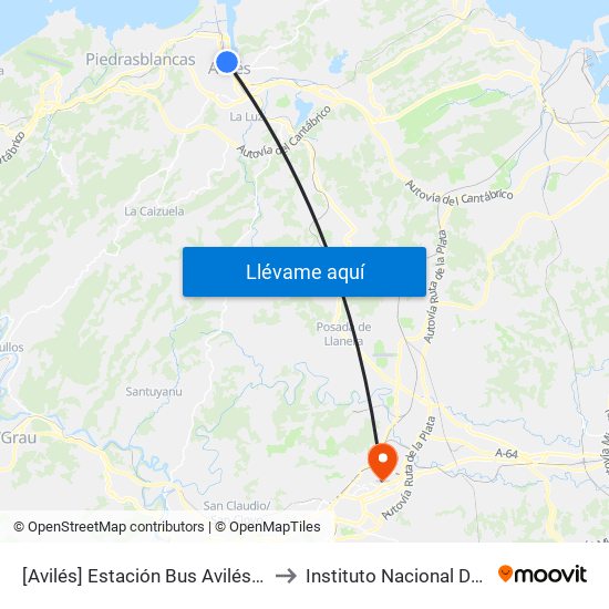 [Avilés]  Estación Bus Avilés [Cta 00161] to Instituto Nacional De Silicosis map