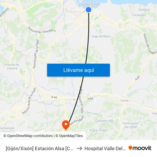 [Gijón/Xixón]  Estación Alsa [Cta 00784] to Hospital Valle Del Nalón map