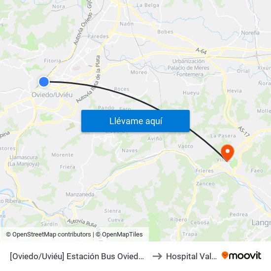 [Oviedo/Uviéu]  Estación Bus Oviedo - Pepe Cosmen [Cta 01549] to Hospital Valle Del Nalón map
