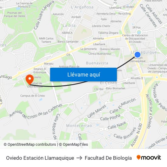 Oviedo Estación Llamaquique to Facultad De Biología map