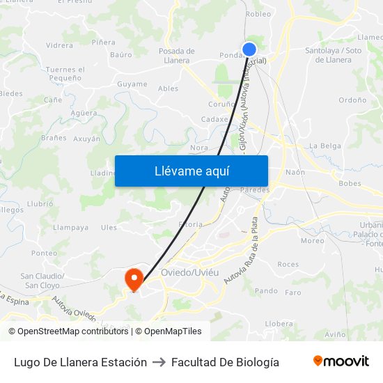 Lugo De Llanera Estación to Facultad De Biología map