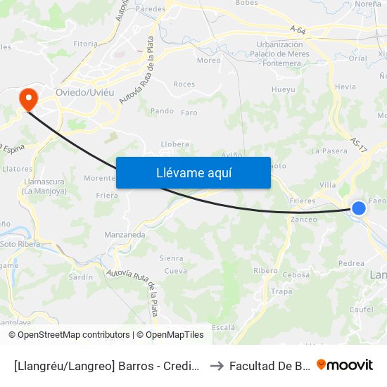[Llangréu/Langreo]  Barros - Credine [Cta 20918] to Facultad De Biología map