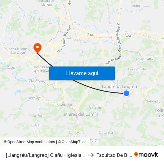 [Llangréu/Langreo]  Ciañu - Iglesia [Cta 01119] to Facultad De Biología map