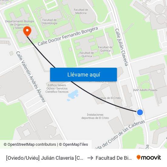 [Oviedo/Uviéu]  Julián Clavería [Cta 03631] to Facultad De Biología map