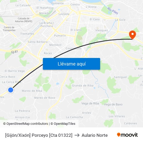 [Gijón/Xixón]  Porceyo [Cta 01322] to Aulario Norte map