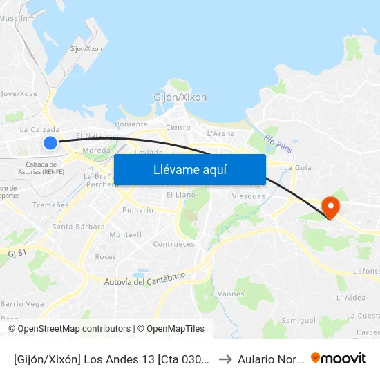 [Gijón/Xixón]  Los Andes 13 [Cta 03065] to Aulario Norte map