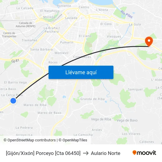 [Gijón/Xixón]  Porceyo [Cta 06450] to Aulario Norte map