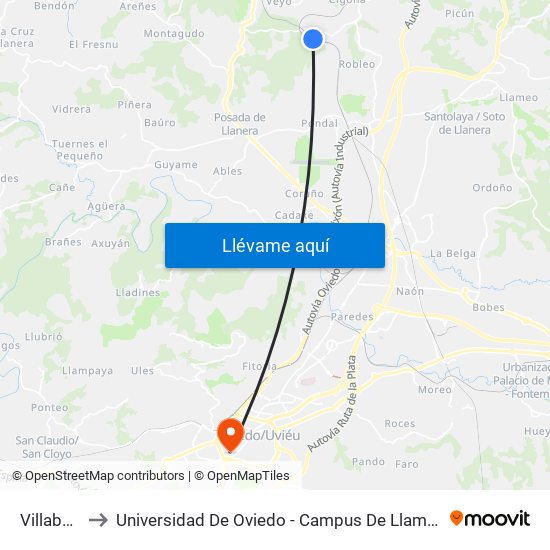 Villabona to Universidad De Oviedo - Campus De Llamaquique map