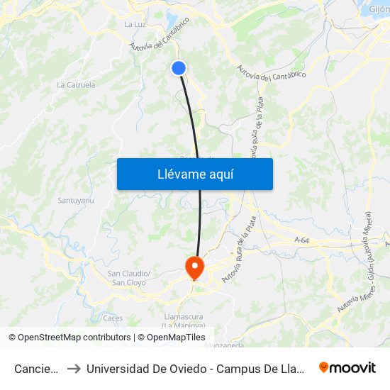 Cancienes to Universidad De Oviedo - Campus De Llamaquique map