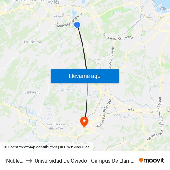 Nubledo to Universidad De Oviedo - Campus De Llamaquique map