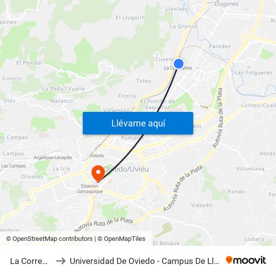 La Corredoria to Universidad De Oviedo - Campus De Llamaquique map