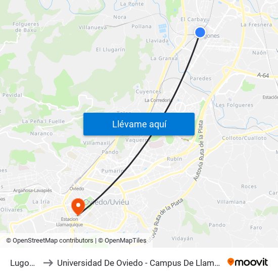 Lugones to Universidad De Oviedo - Campus De Llamaquique map