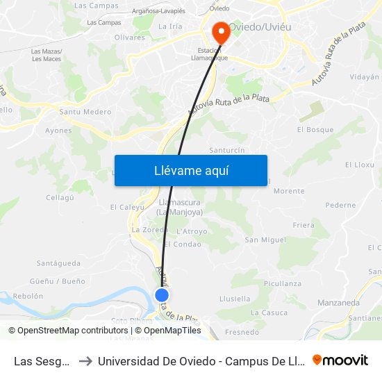 Las Sesgadas to Universidad De Oviedo - Campus De Llamaquique map