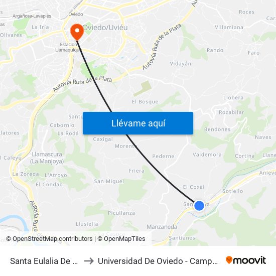 Santa Eulalia De Manzaneda to Universidad De Oviedo - Campus De Llamaquique map