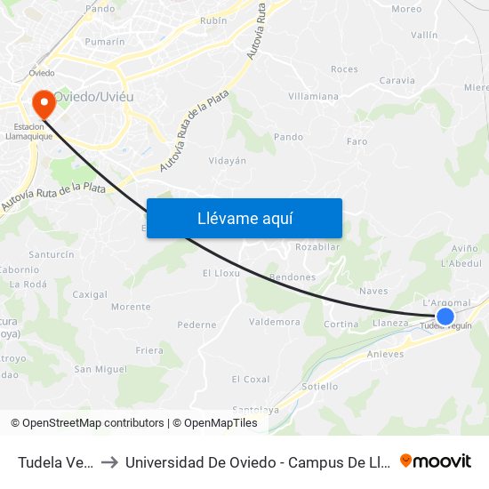 Tudela Veguín to Universidad De Oviedo - Campus De Llamaquique map