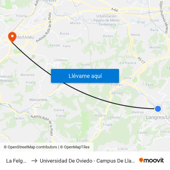 La Felguera to Universidad De Oviedo - Campus De Llamaquique map