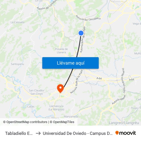 Tabladiello Estación to Universidad De Oviedo - Campus De Llamaquique map