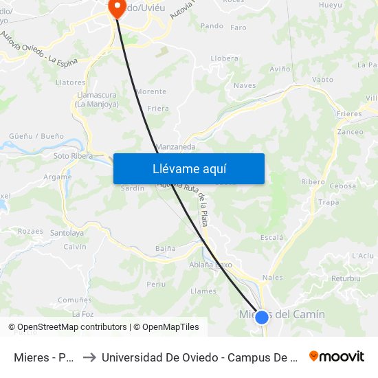 Mieres - Puente to Universidad De Oviedo - Campus De Llamaquique map