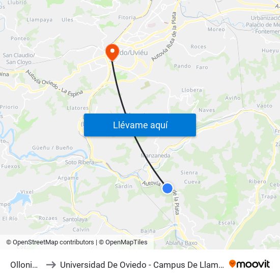 Olloniego to Universidad De Oviedo - Campus De Llamaquique map