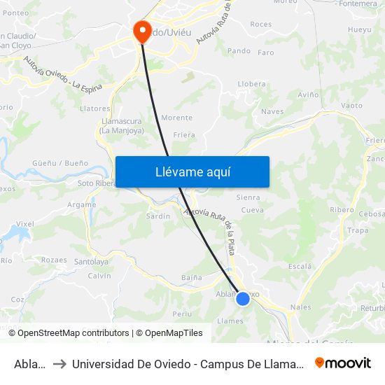 Ablaña to Universidad De Oviedo - Campus De Llamaquique map