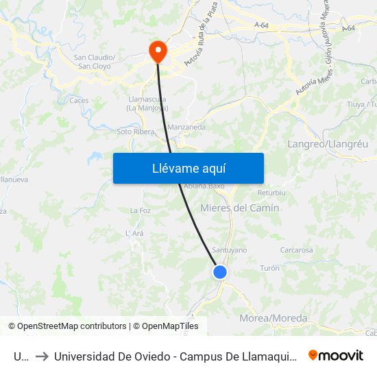 Ujo to Universidad De Oviedo - Campus De Llamaquique map