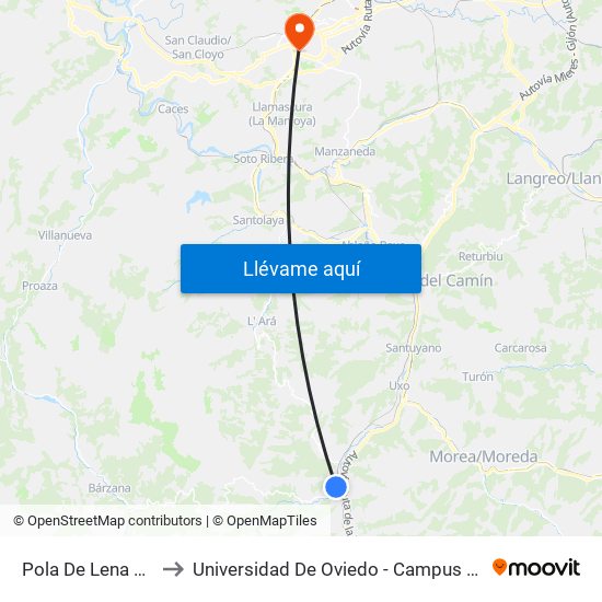 Pola De Lena Estación to Universidad De Oviedo - Campus De Llamaquique map