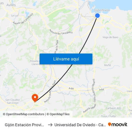Gijón Estación Provisional Sanz Crespo to Universidad De Oviedo - Campus De Llamaquique map