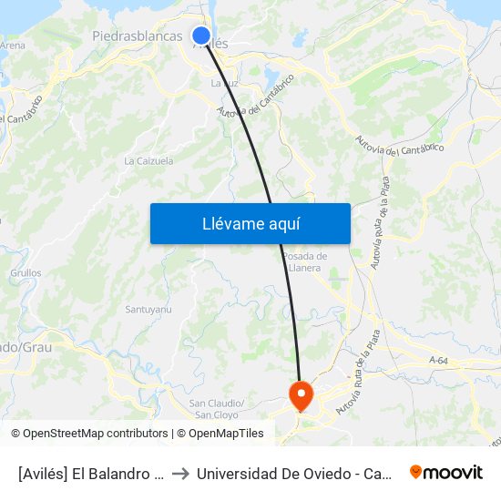 [Avilés]  El Balandro 16 [Cta 17338] to Universidad De Oviedo - Campus De Llamaquique map