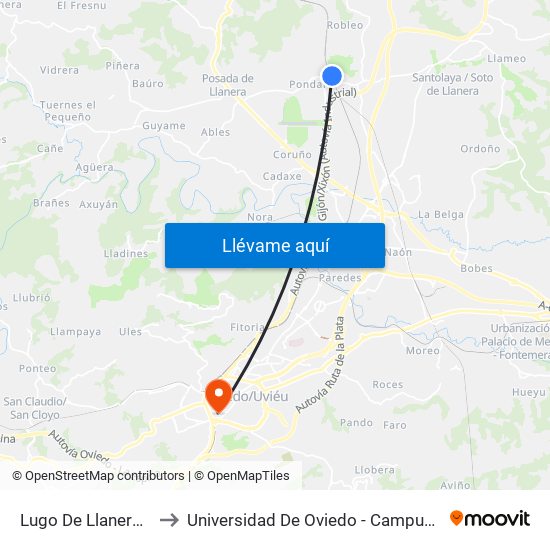 Lugo De Llanera Estación to Universidad De Oviedo - Campus De Llamaquique map