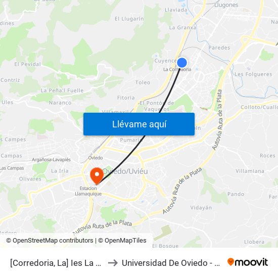 [Corredoria, La]  Ies La Corredoria [Cta 12713] to Universidad De Oviedo - Campus De Llamaquique map
