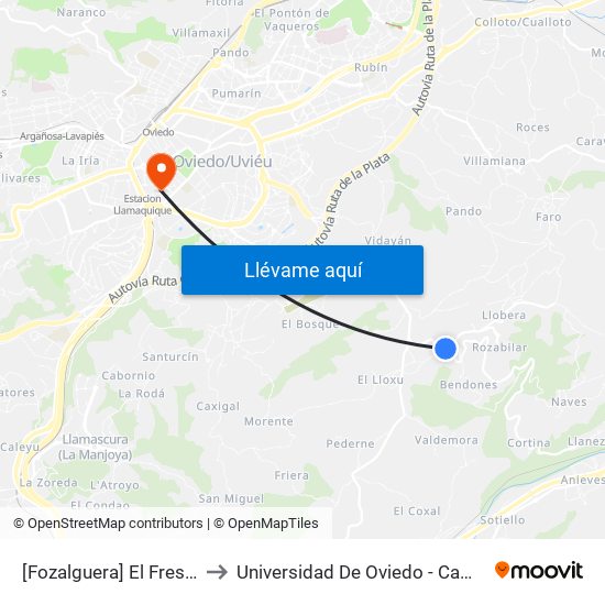 [Fozalguera]  El Fresno [Cta 18001] to Universidad De Oviedo - Campus De Llamaquique map