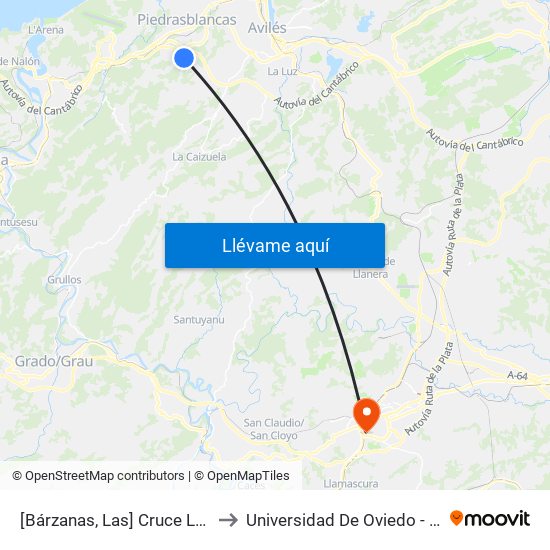 [Bárzanas, Las]  Cruce Las Bárzanas [Cta 18198] to Universidad De Oviedo - Campus De Llamaquique map