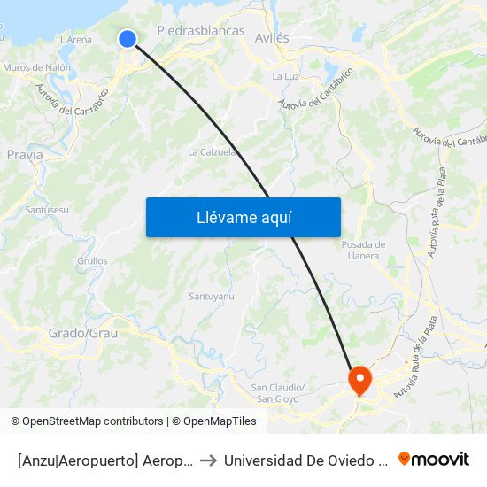 [Anzu|Aeropuerto]  Aeropuerto - Salidas [Cta 20118] to Universidad De Oviedo - Campus De Llamaquique map