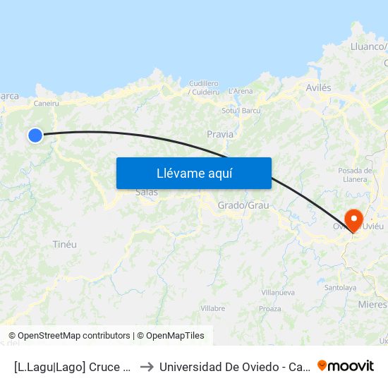 [L.Lagu|Lago]  Cruce Rellón [Cta 18280] to Universidad De Oviedo - Campus De Llamaquique map