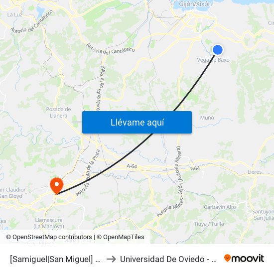 [Samiguel|San Miguel]  El Cotarón [Cta 18579] to Universidad De Oviedo - Campus De Llamaquique map