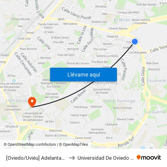 [Oviedo/Uviéu]  Adelantado De La Florida [Cta 12667] to Universidad De Oviedo - Campus De Llamaquique map