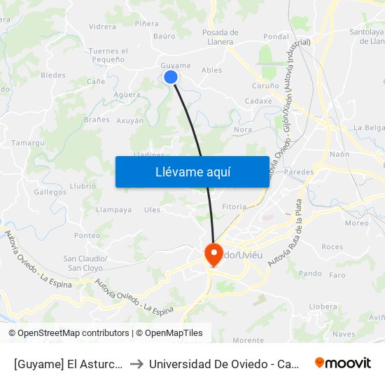 [Guyame]  El Asturcón [Cta 21318] to Universidad De Oviedo - Campus De Llamaquique map