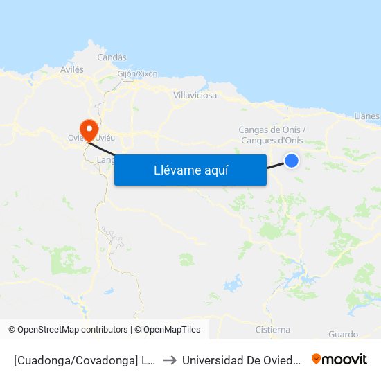 [Cuadonga/Covadonga]  Lagos - El Peregrino [Cta 21423] to Universidad De Oviedo - Campus De Llamaquique map